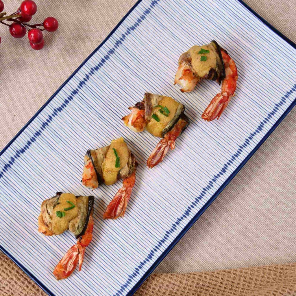 Gambas envueltas en berenjena a la muselina para freidora de aire