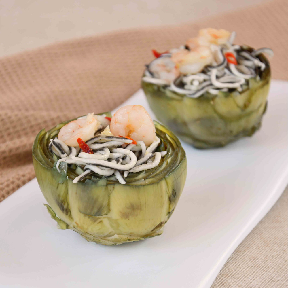 Alcachofas rellenas de gulas y gambas en Robot de cocina