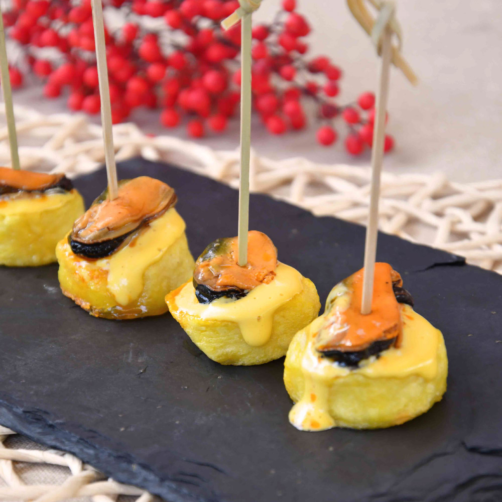 Pincho de patata y mejillón con alioli escabechado en Robot de cocina